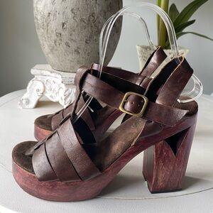 Calleen Cordero Leather Wood Wooden Platform Heeled Sandals Women 7.5 Brown RARE
